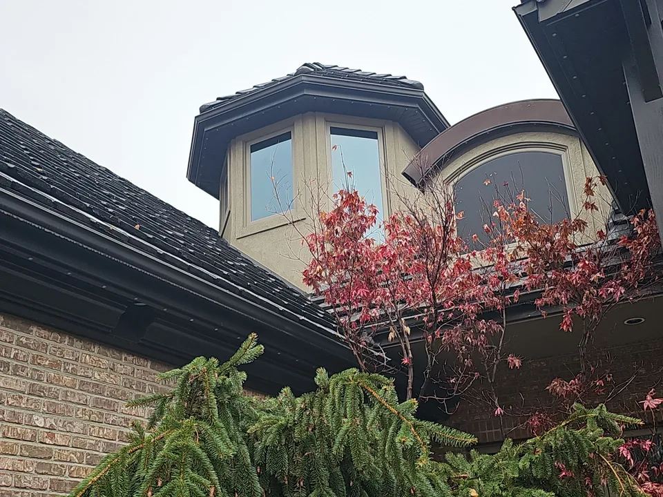 Dark gutters tracing the roofline around arched upper windows