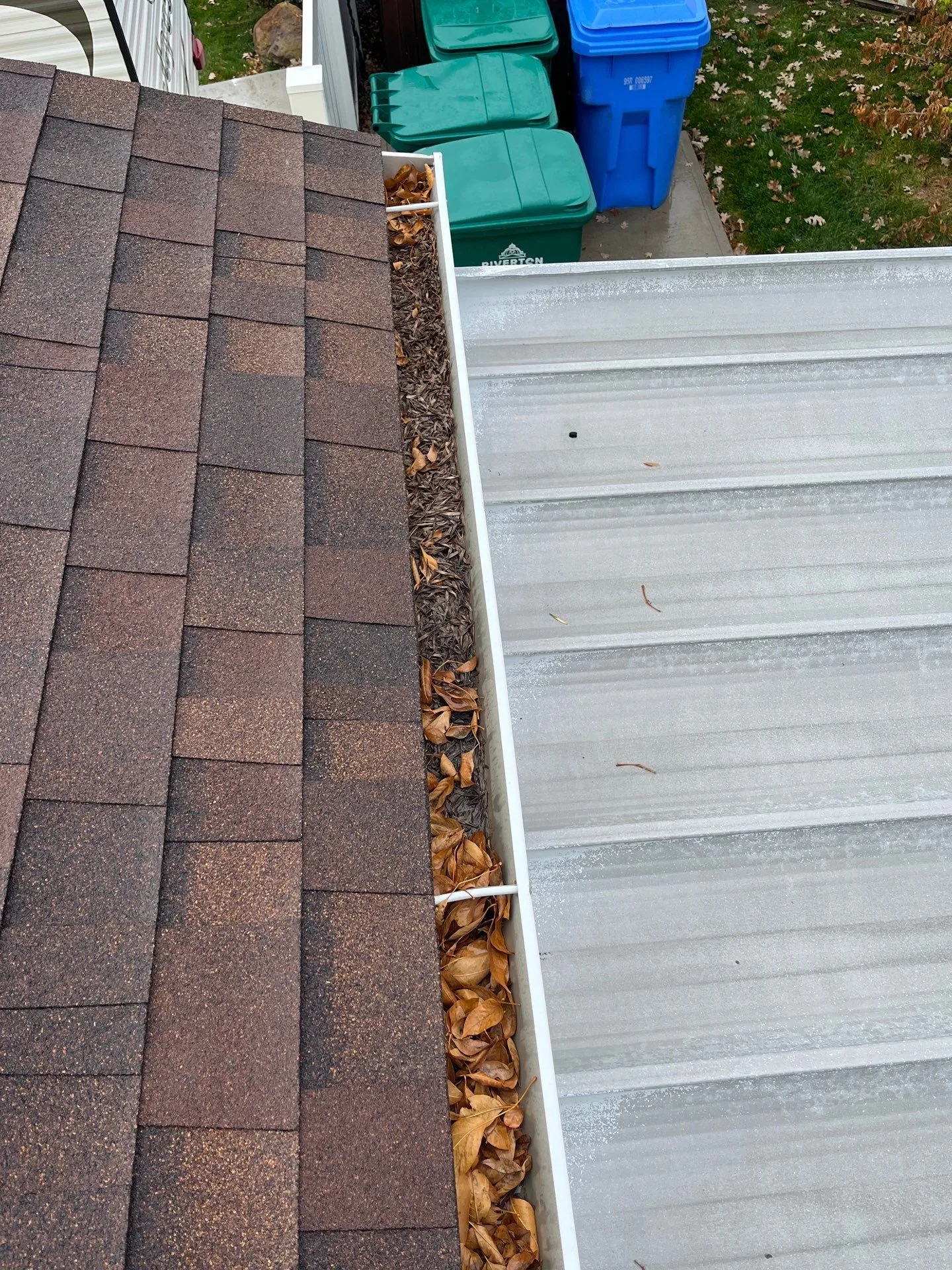 Leaves filling an open gutter beside a shingle roof